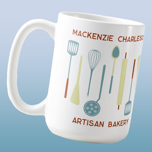 Mug Rétro Kitchen Boulangerie Café Traiteur (Retro kitchen utensils custom coffee mug for bakery, cafe, restaurant and catering business)