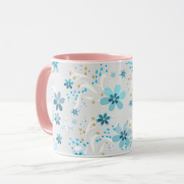 Mug Retro, motif floral, bleu, gris (Devant gauche)