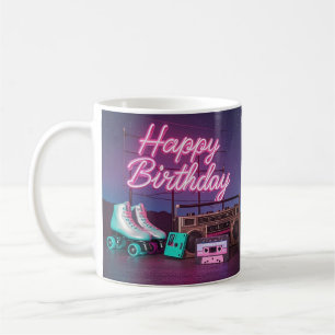 Mug Retro neon Joyeux Anniversaire signe en rose et tu