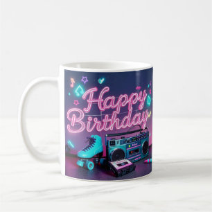 Mug Retro neon Joyeux Anniversaire signe en rose et tu