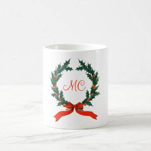 Mug Rétro Noël Holly Wreath avec initiales vacances