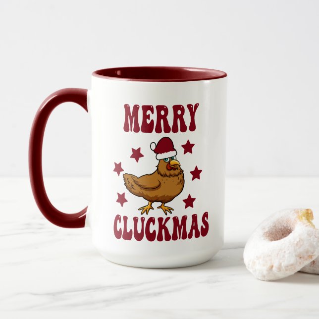 Mug Retro Noël Joyeux Cluckmas Drôle poulet (Avec donut)