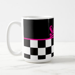 Mug Retro Noir Blanc Néon Rose « Servez ! » Damier