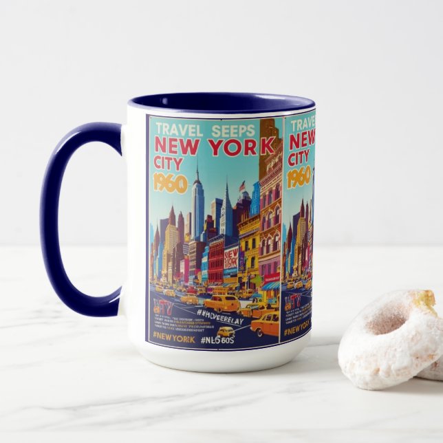 Mug Retro NYC Travel Art | Conception dynamique Skylin (Avec donut)