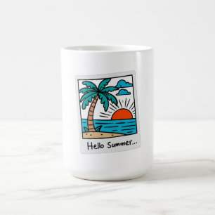 Mug Rétro Polaroid Bonjour Été Tropical Plage Coucher 