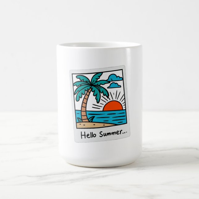 Mug Rétro Polaroid Bonjour Été Tropical Plage Coucher  (Centre)