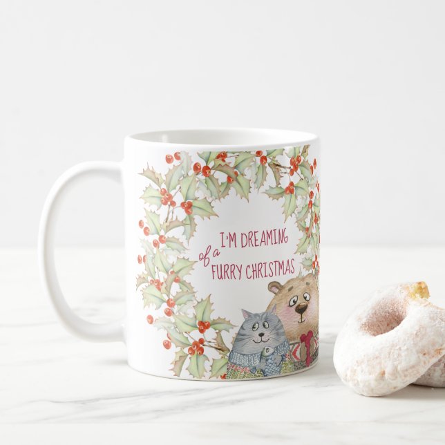 Mug Rêver d'un chat de Noël furry Chien et Holly (Avec donut)