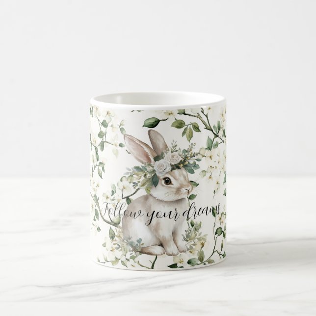 Mug Rêves de lapin aux fleurs blanches feuilles (Centre)