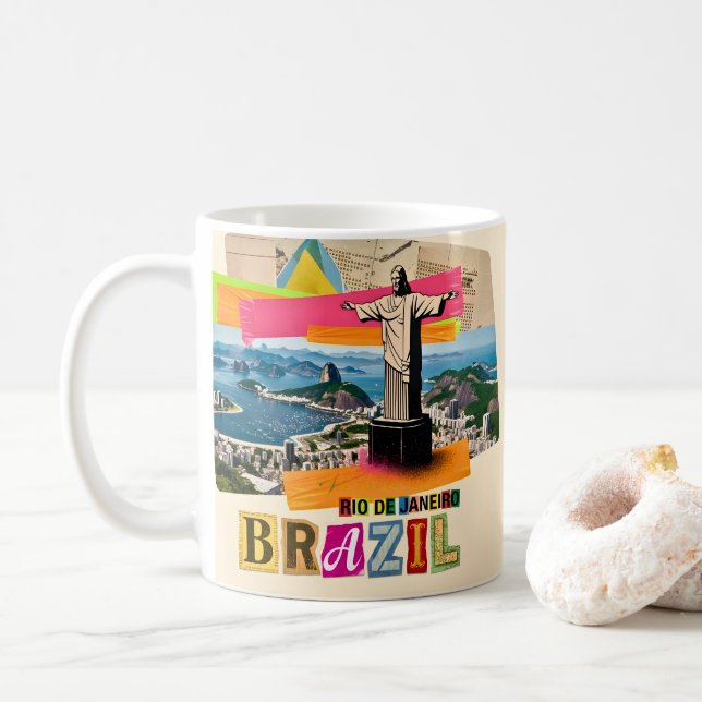 Mug Rio de Janeiro Brésil Christ Retro Collage Voyage (Avec donut)