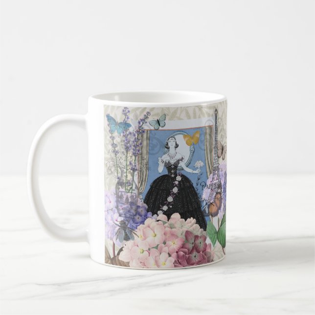Mug Robe élégante bleue pour femme, fantaisie florale  (Gauche)