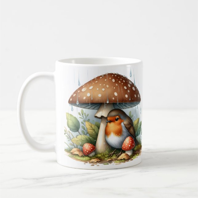 Mug Robin adorable sous parapluie de champignons (Gauche)