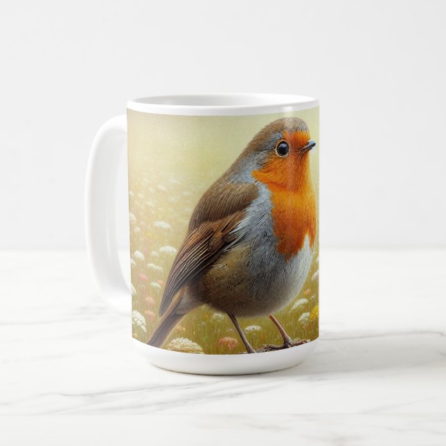 Mug Robin européen perché sur une clôture rustique (Devant gauche)