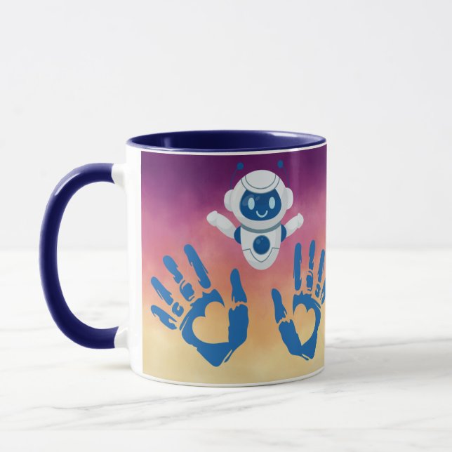 Mug Robot Coeur mains sur le dégradé du coucher du sol (Gauche)