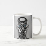 Mug Robot en métal chromé<br><div class="desc">Ce mug robot chrome design moderne séduit par son esthétique épurée et futuriste. L’illustration hyper réaliste montre un androïde métallique argenté, aux yeux bleus expressifs, sur un fond gris clair minimaliste. Parfait pour les fans de technologie, de robots réalistes, ou de décoration geek, ce mug s’intègre aussi bien dans un...</div>