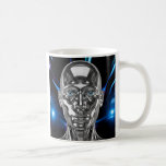 Mug Robot fond néons<br><div class="desc">Ce mug robot futuriste chrome bleu est parfait pour les amateurs de science-fiction, de design high-tech et de robots ultra réalistes. Le visuel présente un androïde métallique argenté aux yeux bleus lumineux, mis en valeur par un fond dynamique avec des lueurs électriques bleues. L'effet miroir et les reflets métalliques apportent...</div>