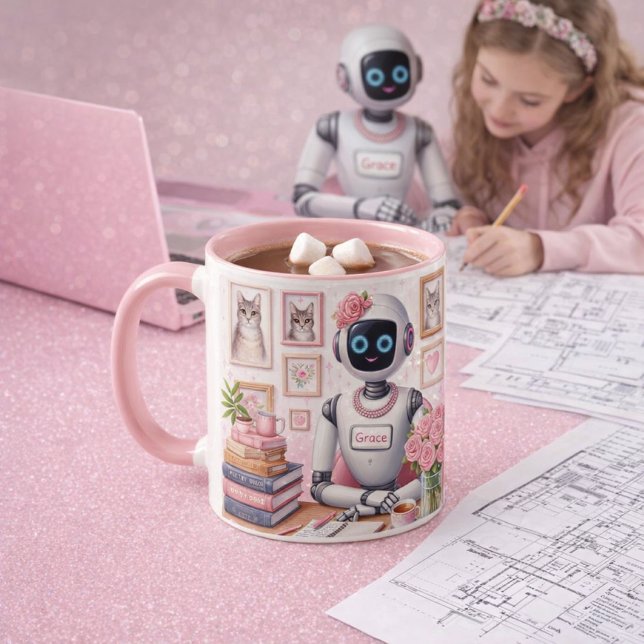 Mug Robot IA Girly Tech Grace Rose Pailleté (Girly Tech Mug: cozy cocoa, pink sparkle desk, and AI dreams brewed for creative minds.)