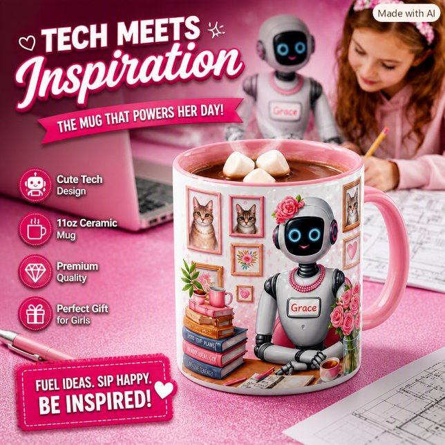 Mug Robot IA Girly Tech Grace Rose Pailleté (Créateur téléchargé)