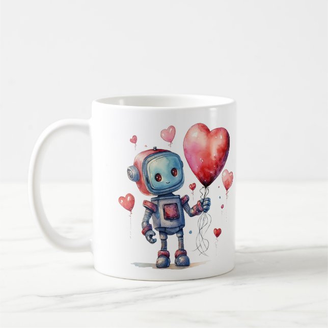 Mug Robot mignon avec un ballon de coeur rouge Saint-V (Gauche)