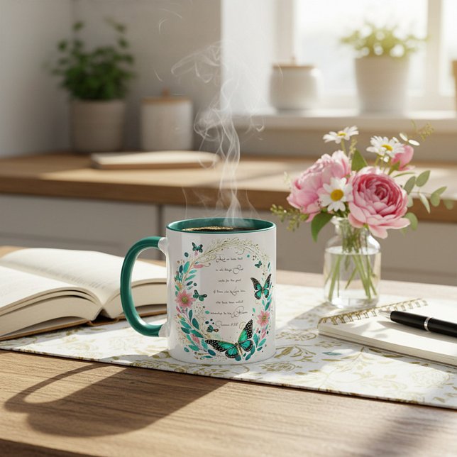 Mug Romains 8:28 Fleurs et papillons (Créateur téléchargé)