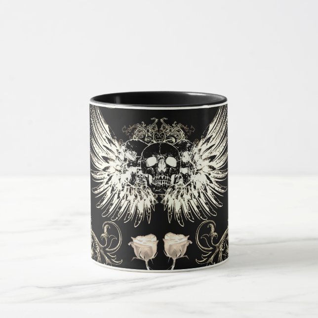 Mug Romance gothique victorien crâne ailes et roses bl (Centre)