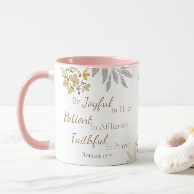 Mug Romans 12:12 Ecriture rose or Aquarelle Florale (Avec donut)