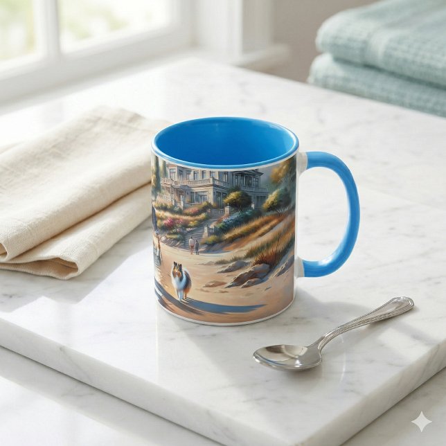 Mug Romantic Coastal Cottage Sunset Stroll (Romantic Coastal Cottage Sunset Stroll Mug Mockup A)