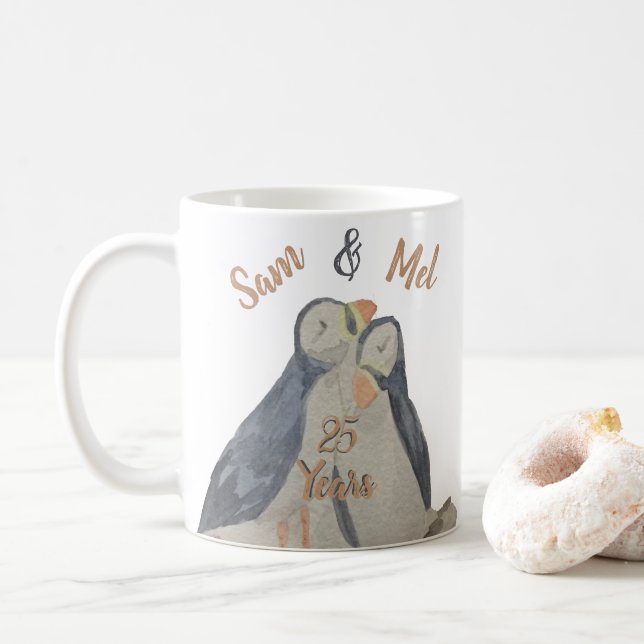 Mug Romantic Cute Anniversaire Oiseaux Aquarelle Puffi (Avec donut)
