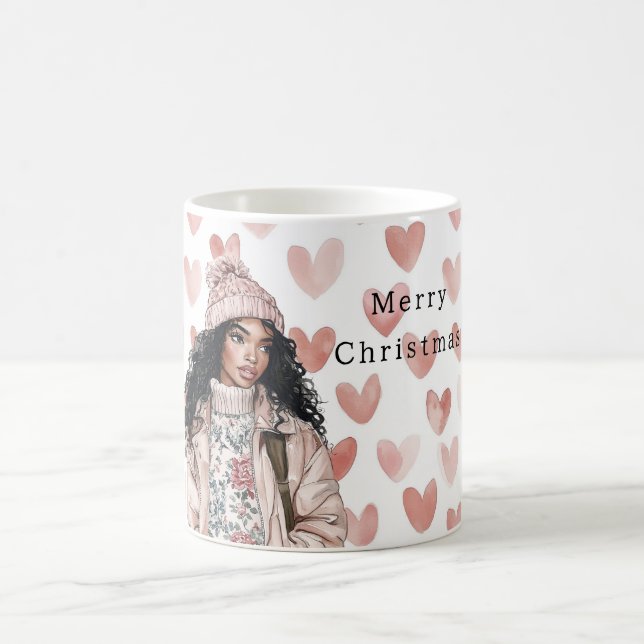 Mug Romantic Pink Christmas Hearts Black Girl (Centre)