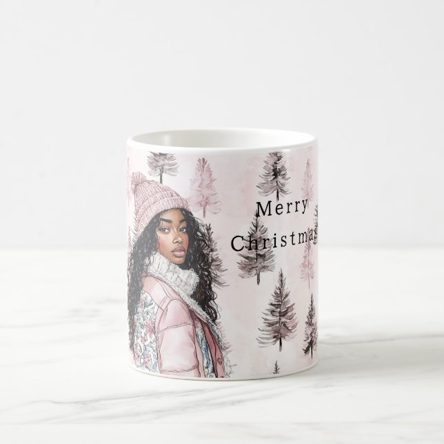 Mug Romantic Pink Christmas Trees Black Girl (Centre)
