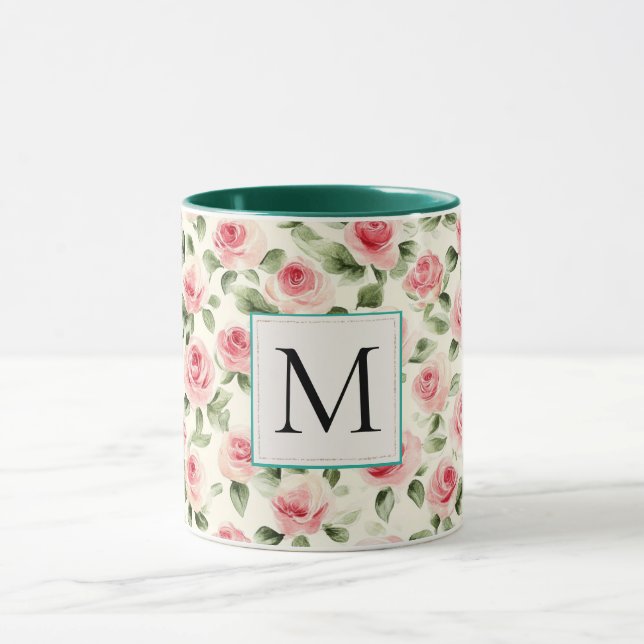 Mug Romantic Teal Blush Pink Roses Floral Monogram (Centre)