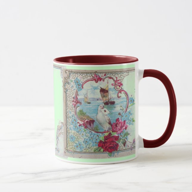 MUG ROMANTICA, ROSES FLORAUX VERTS BLEU TURQUOISES, DO (Droite)