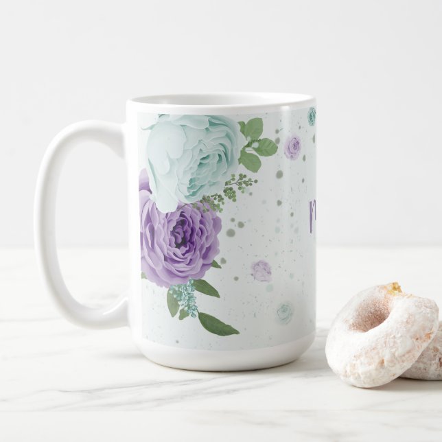 Mug romantique fleurs bleu violet verdure (Avec donut)