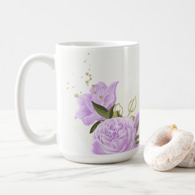 Mug romantique lilas violet fleurs verdure mariage (Avec donut)