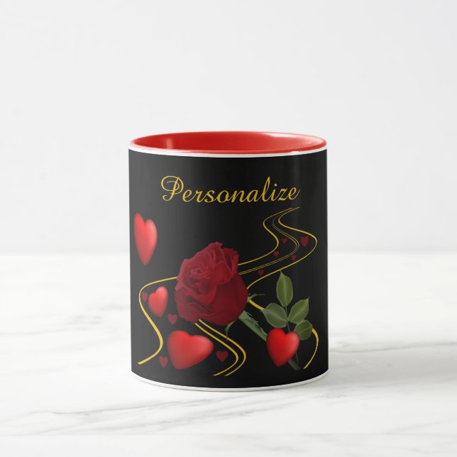 Mug Romantique Red Hearts & Ruban Rose Gold Personnali (Centre)