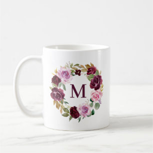 Mug Romantique Violet Automne Floral Wreath Monogramme
