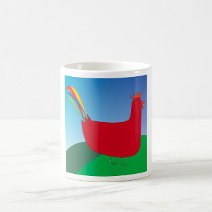 Mug Rooster rouge coloré avec Rainbow Tail sur Hill
