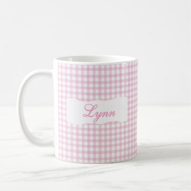 Mug Rose à carreaux classique nom personnalisé  (Gauche)