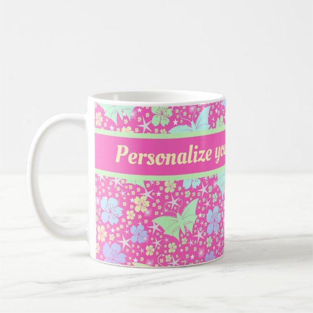 Mug rose,argent,papillon, métal, décoration, conceptio (Gauche)