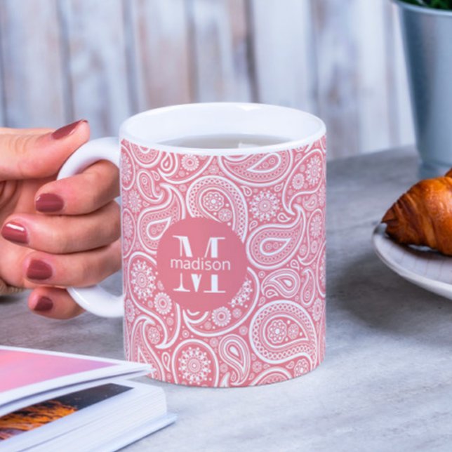 Mug Rose, blanc Vintage Paisley Motif Monogramme (Créateur téléchargé)
