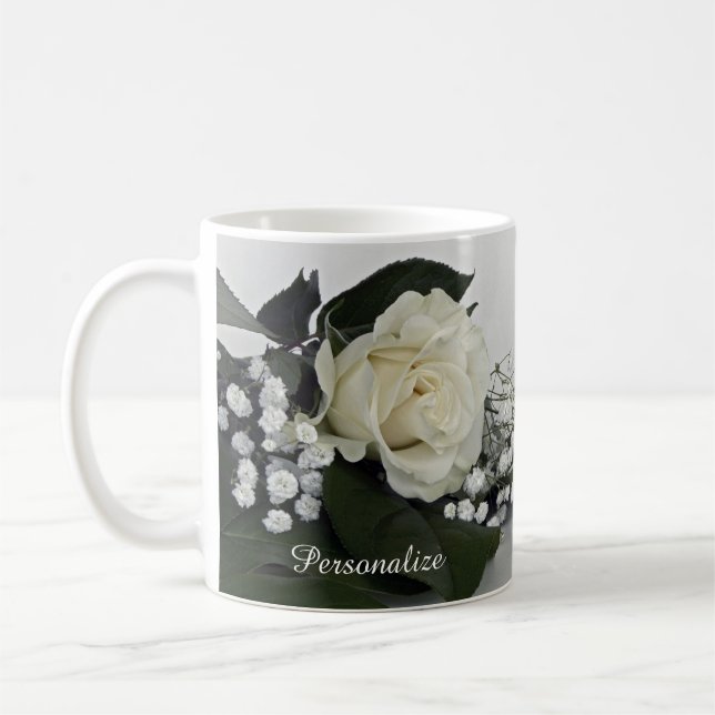 Mug Rose blanche élégante et romantique Personnalisabl (Gauche)