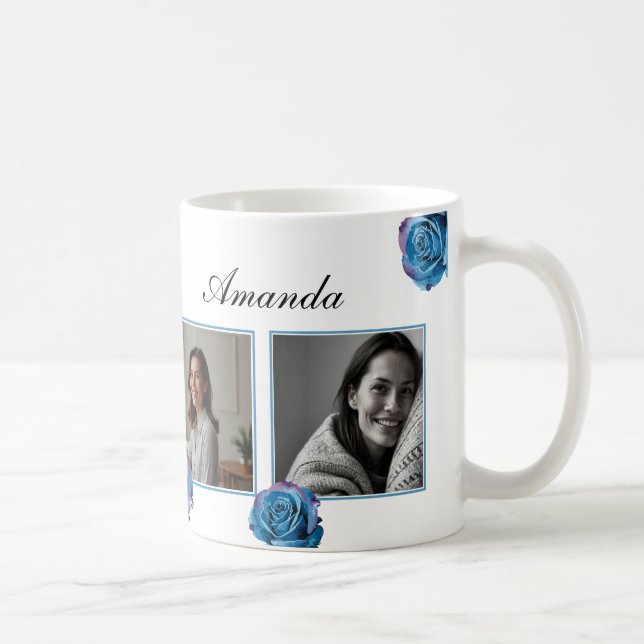 Mug Rose bleu moderne Monogramme Photo Collage Personn (Droite)
