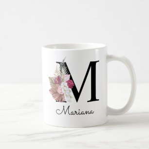 Mug Rose Boho Monogramme Florale Initiale M Féminin