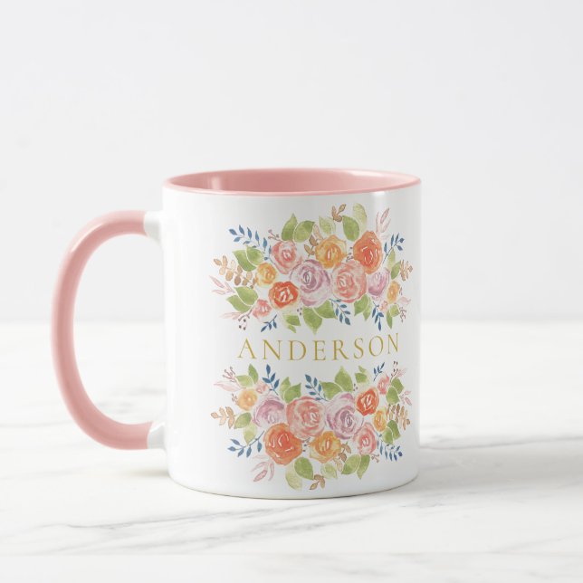 Mug Rose Bouquet or Aquarelle avec nom (Gauche)