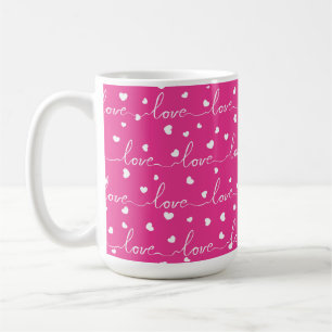 MUG ROSE BRILLANTE AVEC AMOUR BLANC SCRIPTÉ DE COEURS