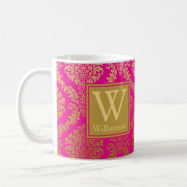 Mug Rose Chaude Élégant et Damassé Doré Personnalisé (Gauche)