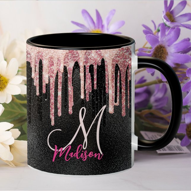Mug Rose chic rousse noir goutte à goutte monogramme (Créateur téléchargé)