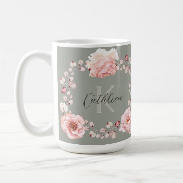 Mug Rose d'aquarelle Wreath personnalisée | Vert sage (Gauche)