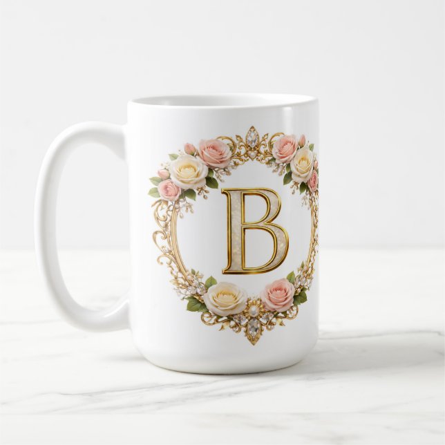 Mug Rose Doré avec Fleurs et Monogramme Lettre B Maria (Gauche)