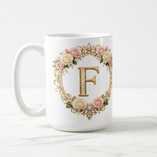 Mug Rose Doré Fleur Monogramme Lettre F Mariage (Gauche)