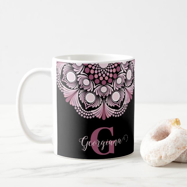 Mug Rose Dusky Personnalisé Boho Floral Dot Mandala (Avec donut)